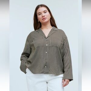 Striped Button-Front Relaxed Shirt - Olive/Black